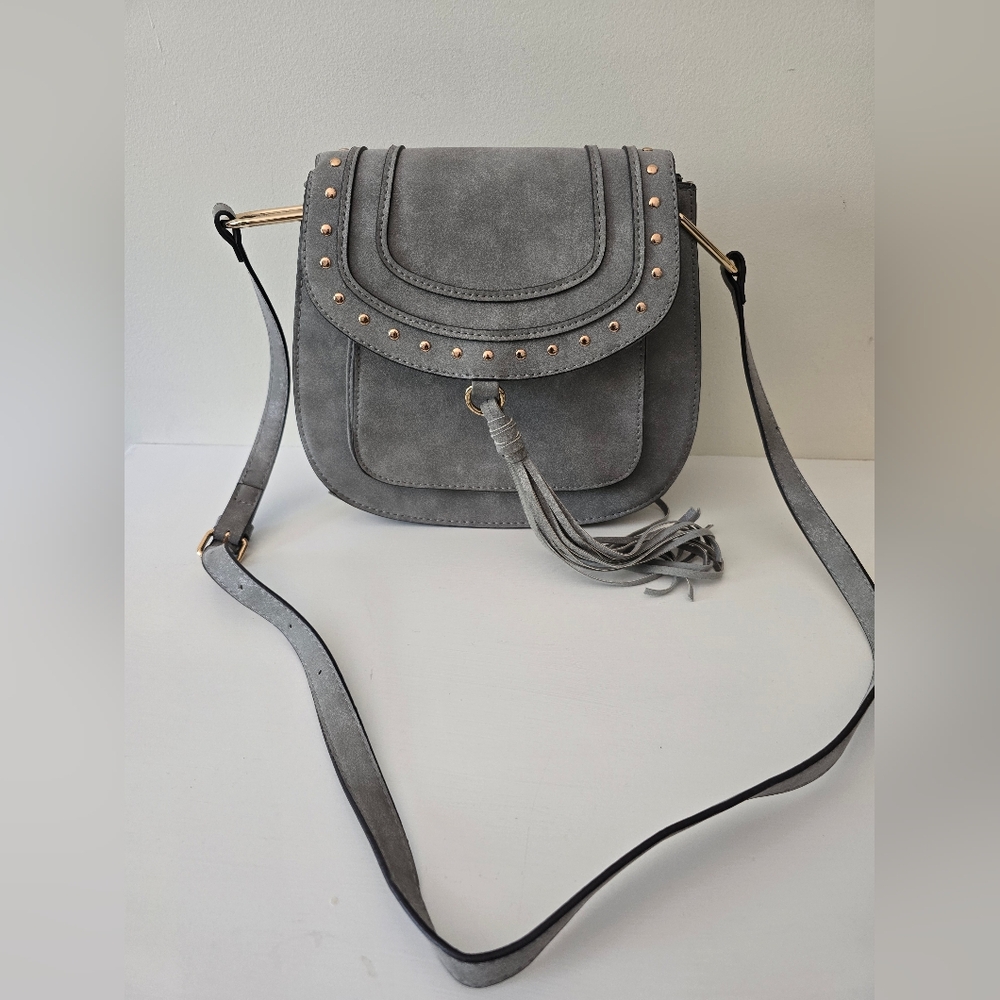 Gray Studded Tassel Crossbody Bag Faux Suede Gold Accents Adjustable Strap